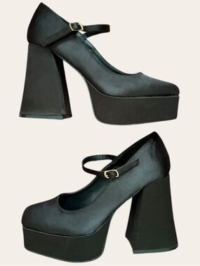 Nasty Gal Black Satin Chunky Heel Platform Mary Janes Size 9
